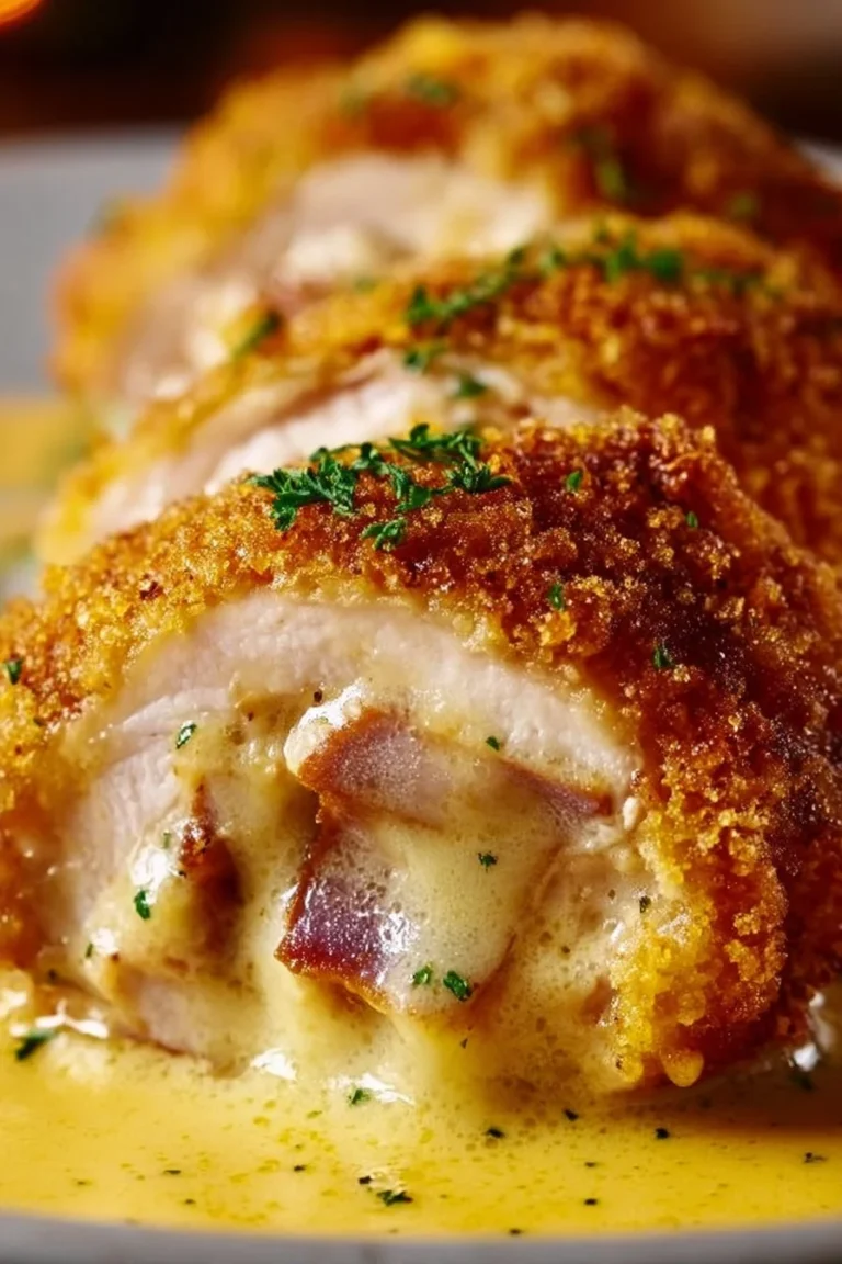 Crispy, creamy chicken cordon bleu garnished with herbs and served in a beautiful plate.