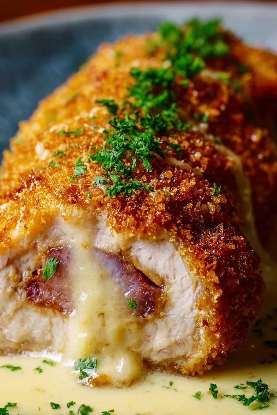 Crispy Chicken Cordon Bleu with melted cheese and ham