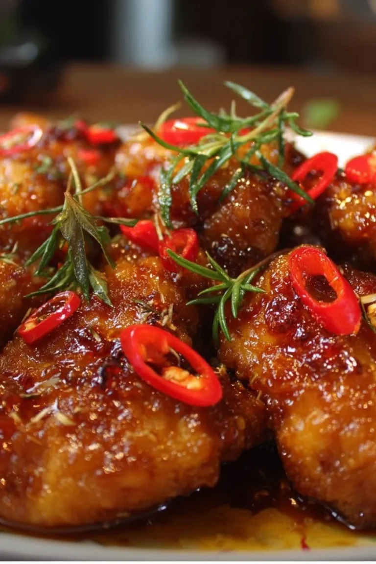 Crispy Hot Honey Chicken with a golden brown coating and drizzled with spicy honey.