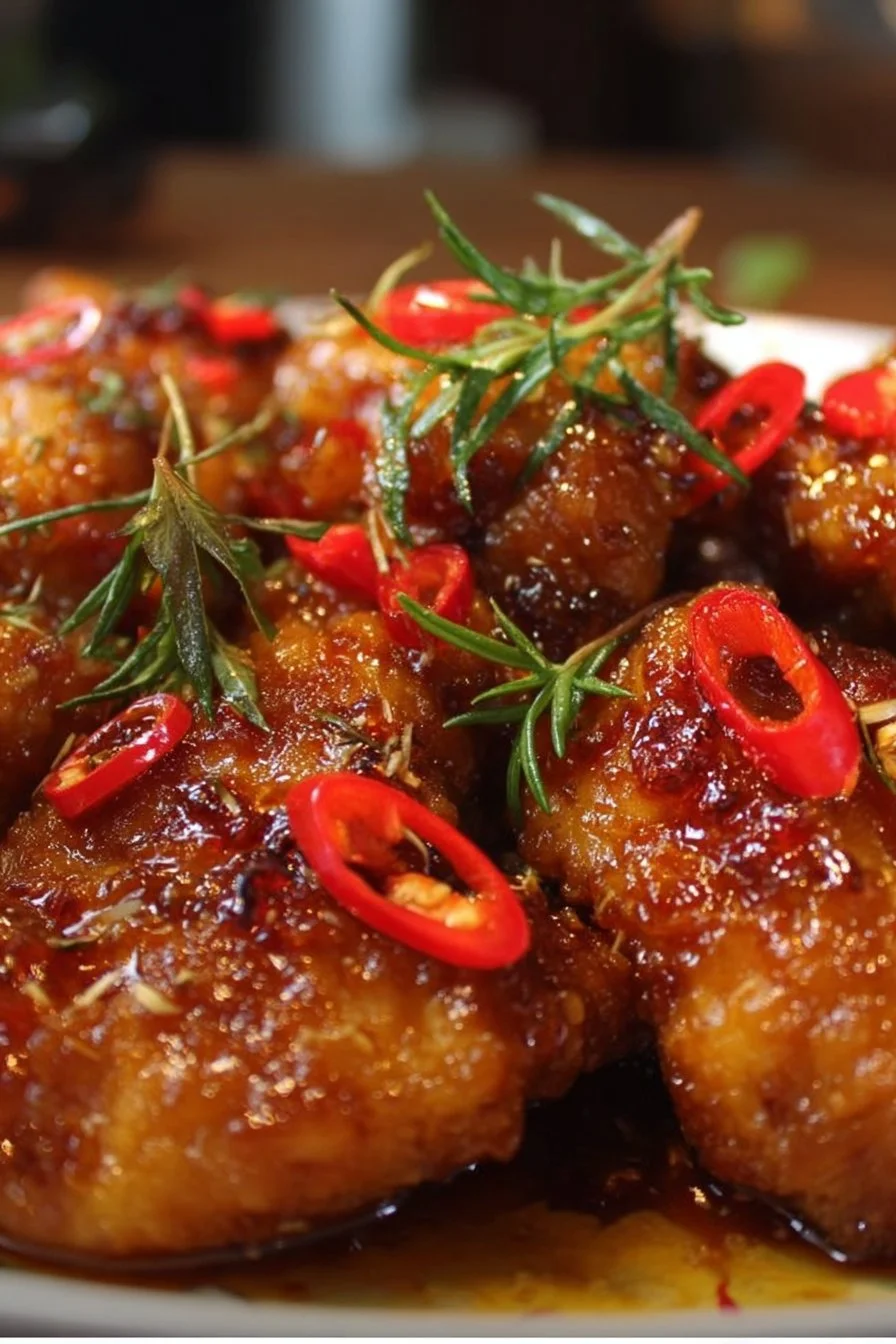 Crispy Hot Honey Chicken with a golden brown coating and drizzled with spicy honey.