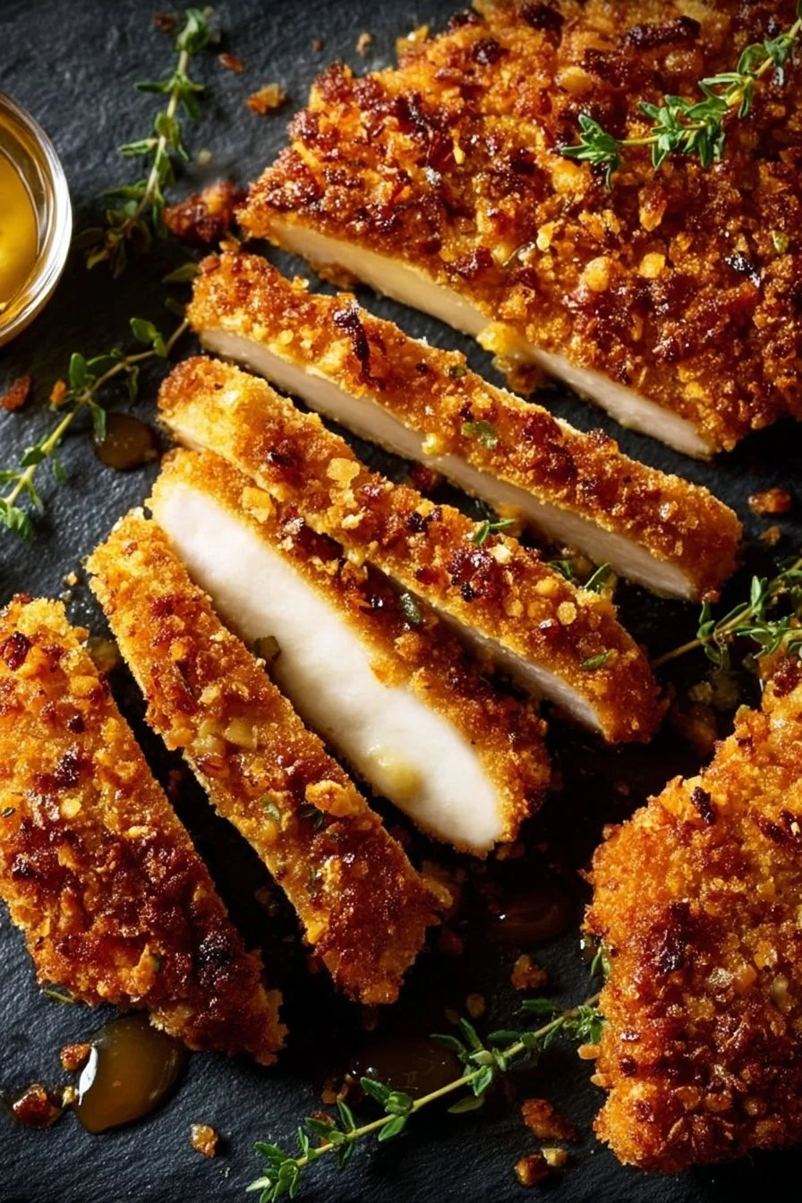 Crispy pretzel chicken cutlets drizzled with spicy hot honey