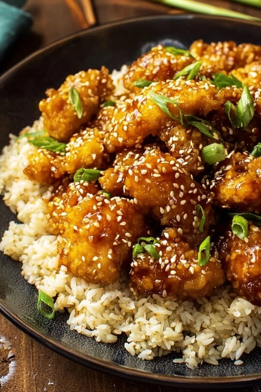 Plate of crispy sesame chicken served with fried rice