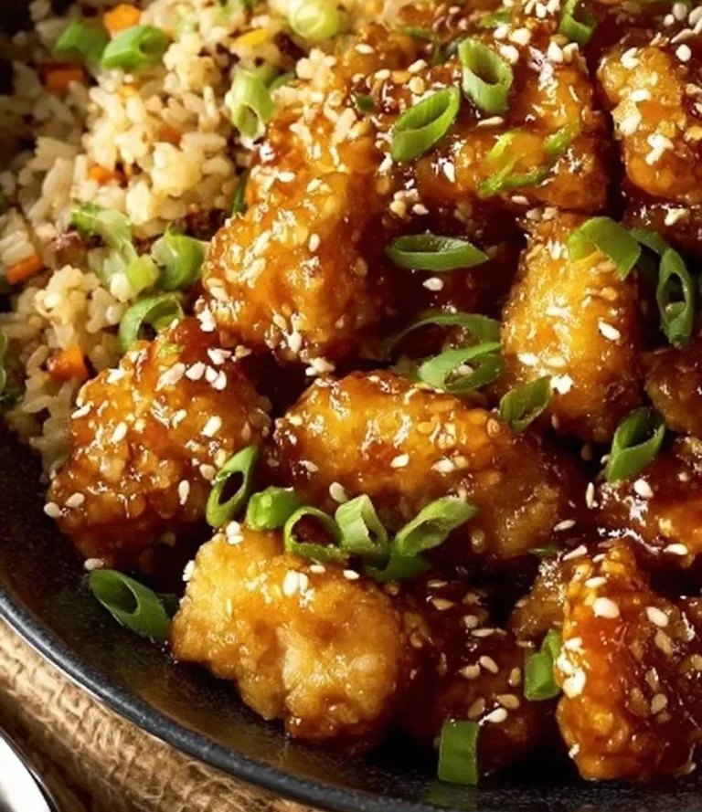 Plate of crispy sesame chicken with fried rice, garnished with green onions.