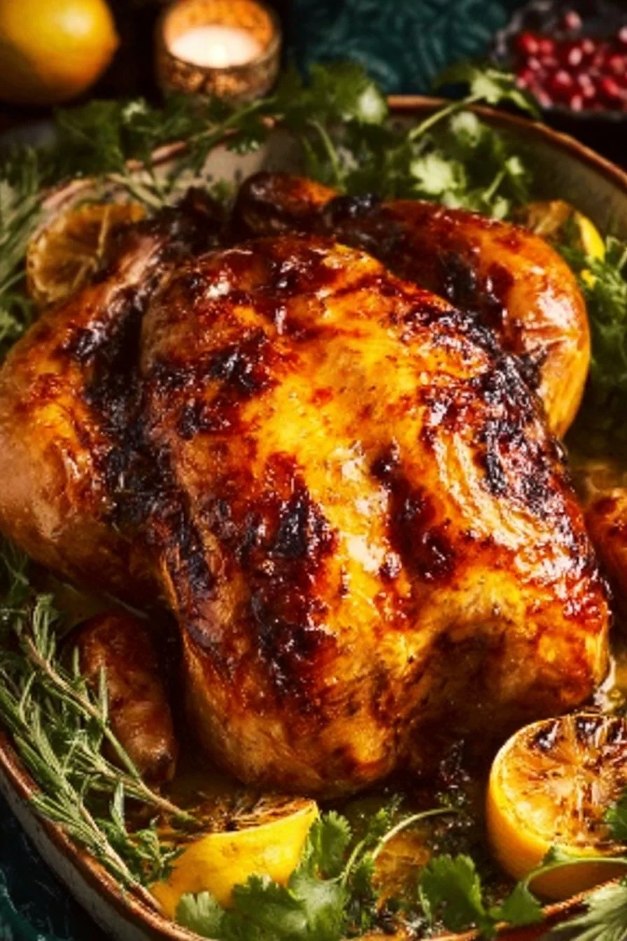 Crispy Vietnamese roasted chicken with herbs and spices on a plate