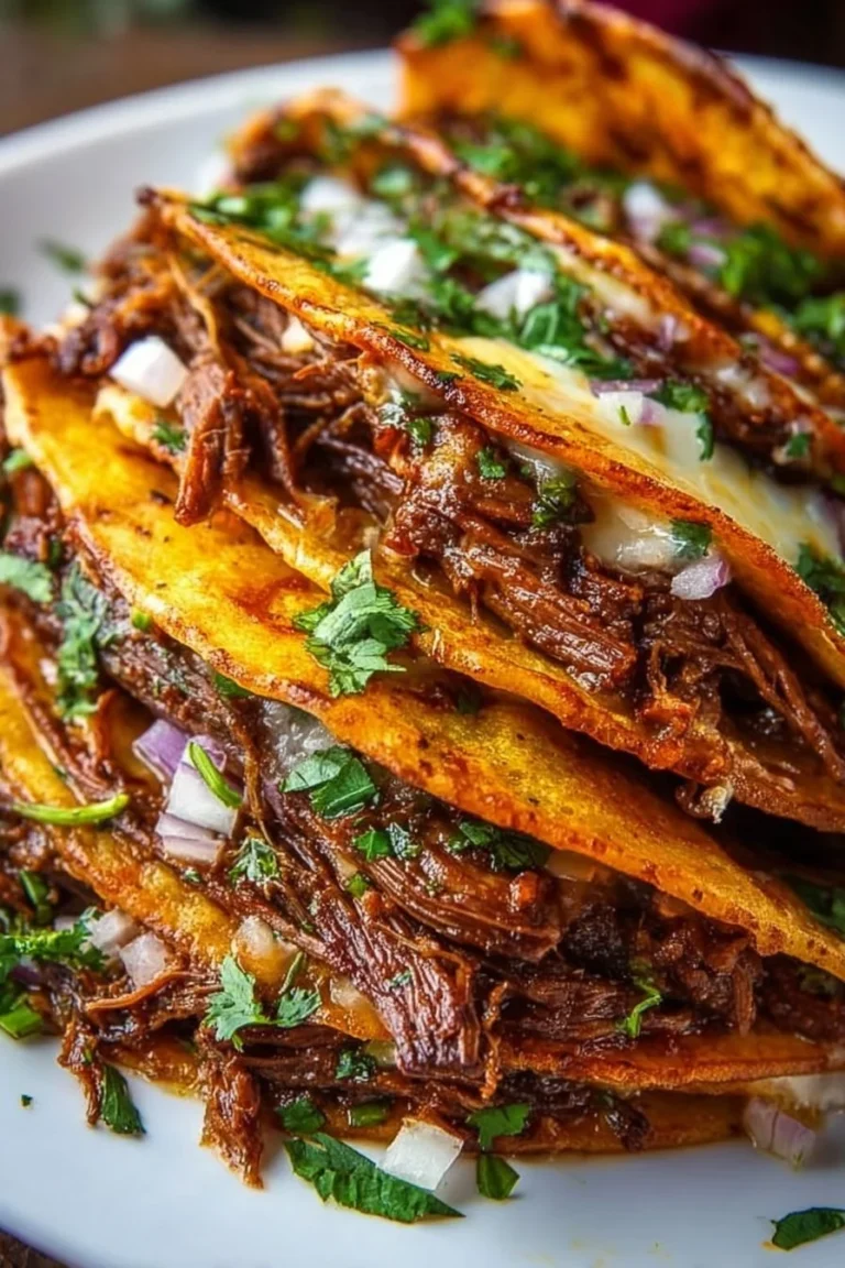 Delicious Crock Pot Birria Tacos served with cilantro and onions.