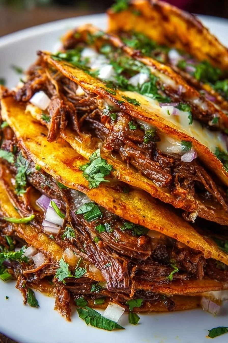 Delicious Crock Pot Birria Tacos served with cilantro and onions.