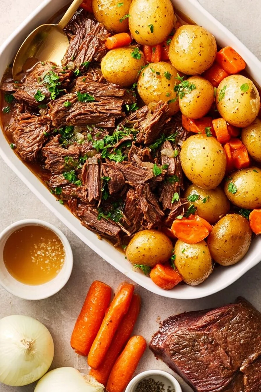 Crock pot pot roast with vegetables, cooked to perfection in a slow cooker.