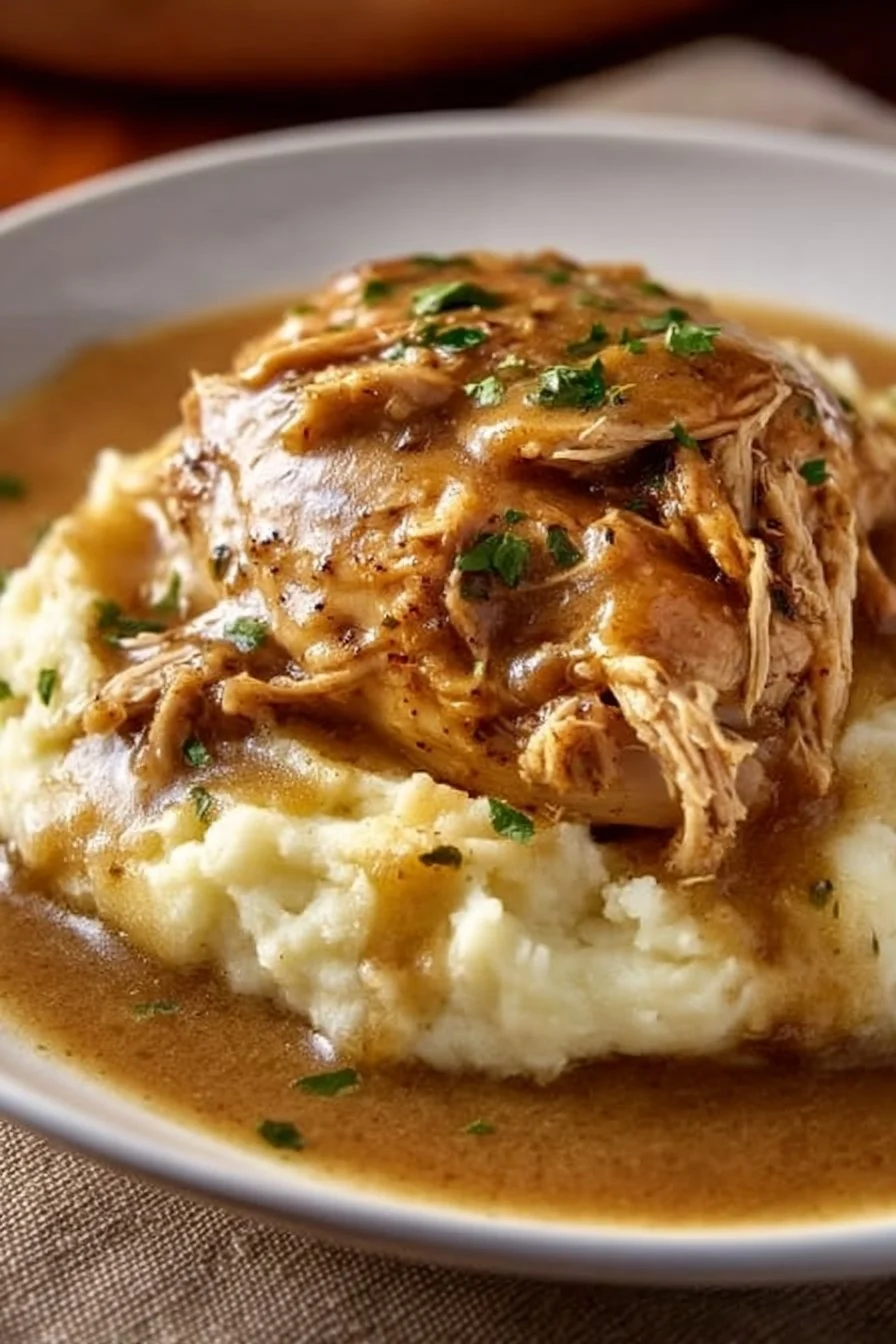 Crockpot chicken and gravy served on a plate with mashed potatoes