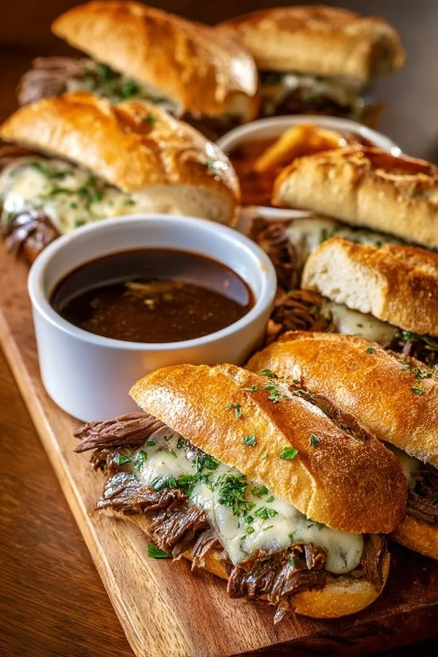 Delicious Crockpot French Dip Sandwiches with tender beef and rich broth.