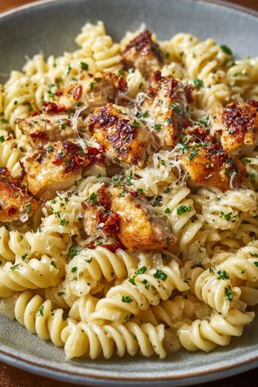 Crockpot Garlic Parmesan Chicken Pasta served with herbs and fresh ingredients.