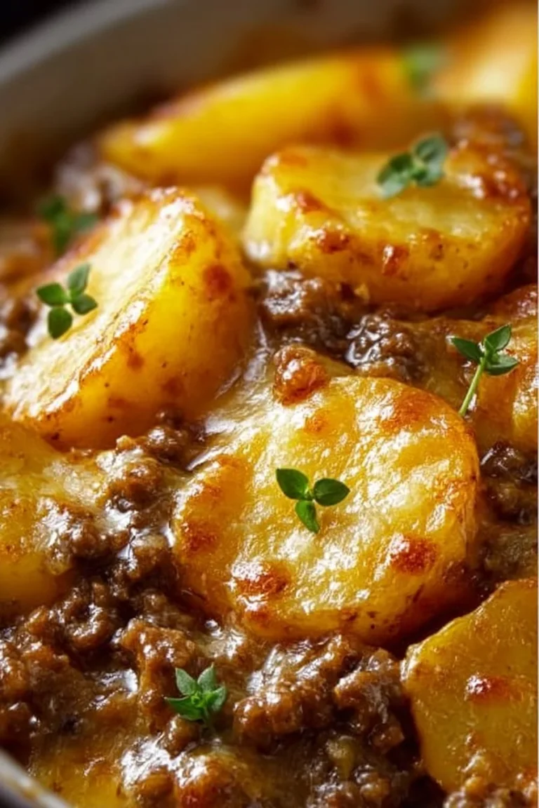 Delicious Crockpot Hamburger Potato Casserole with layers of beef and potatoes