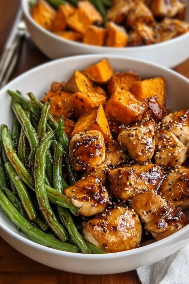 Honey garlic chicken served with roasted sweet potatoes for a tasty dinner.