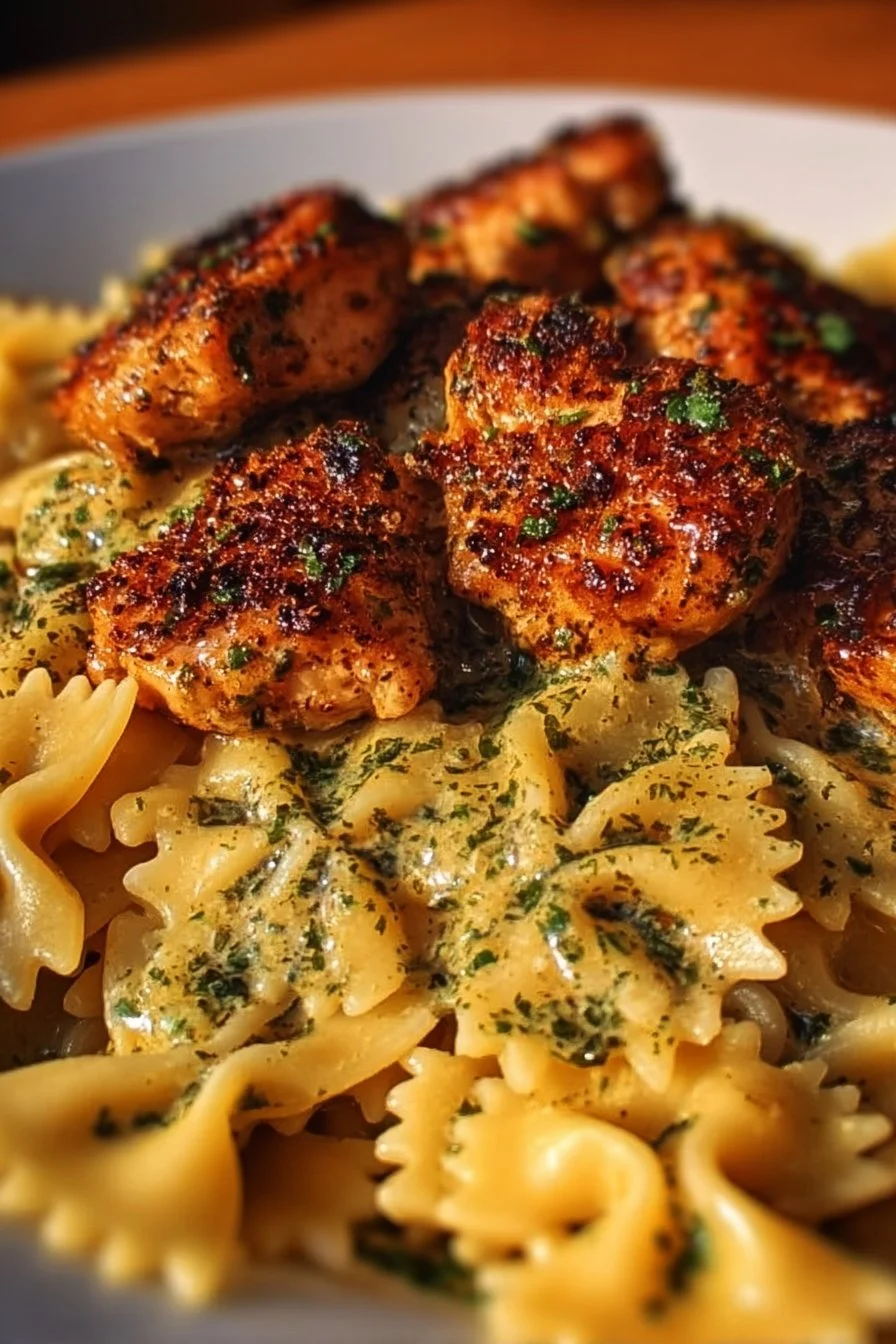 Plate of dreamy Garlic Butter Chicken served with bowtie pasta