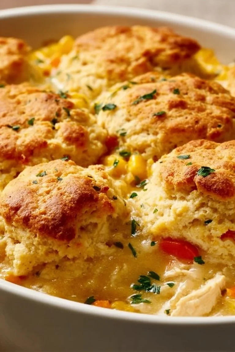 Delicious easy biscuit chicken cobbler served in a baking dish