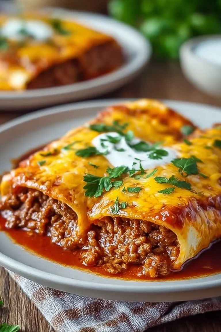 Easy cheesy ground beef enchiladas topped with cheese and sauce