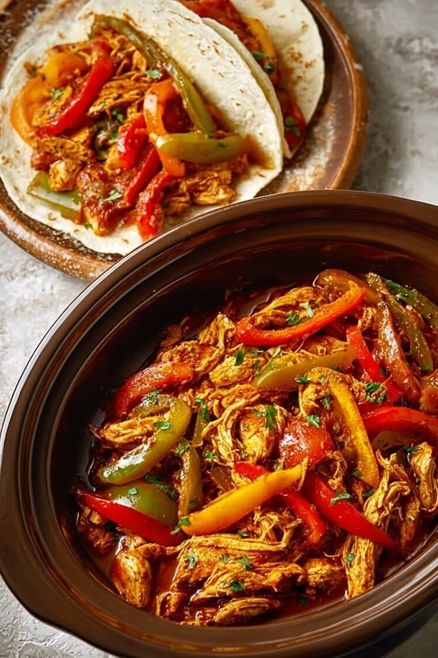 A bowl of easy crockpot chicken fajitas garnished with fresh cilantro and lime.
