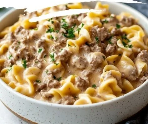Delicious easy ground beef stroganoff served over egg noodles