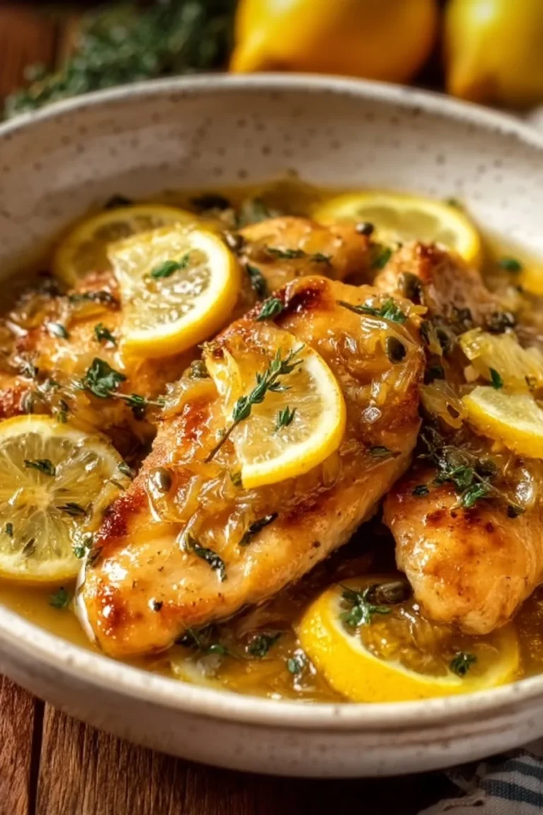Delicious Easy Lemon Chicken Piccata served on a plate with lemon slices