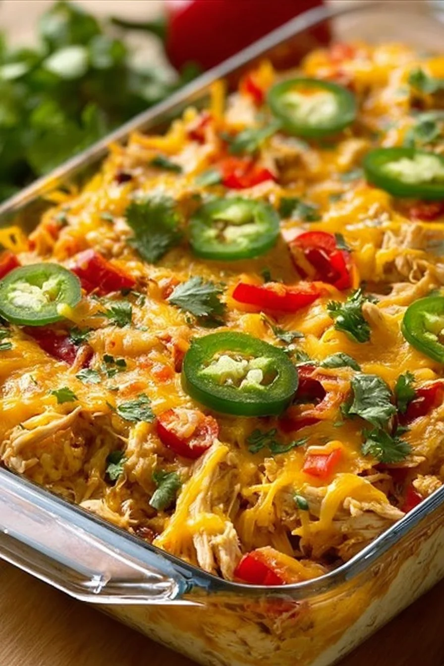 Delicious Fajita Chicken Casserole topped with melted cheese and colorful veggies