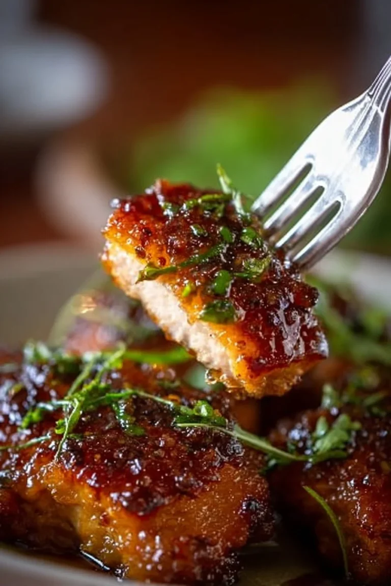 Garlic Brown Sugar Chicken recipe with golden glaze and garnished vegetables.