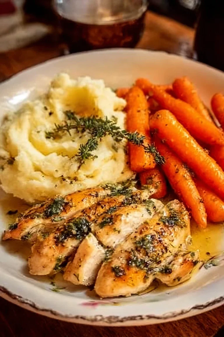 Delicious Garlic Herb Chicken served with creamy mashed potatoes and glazed carrots
