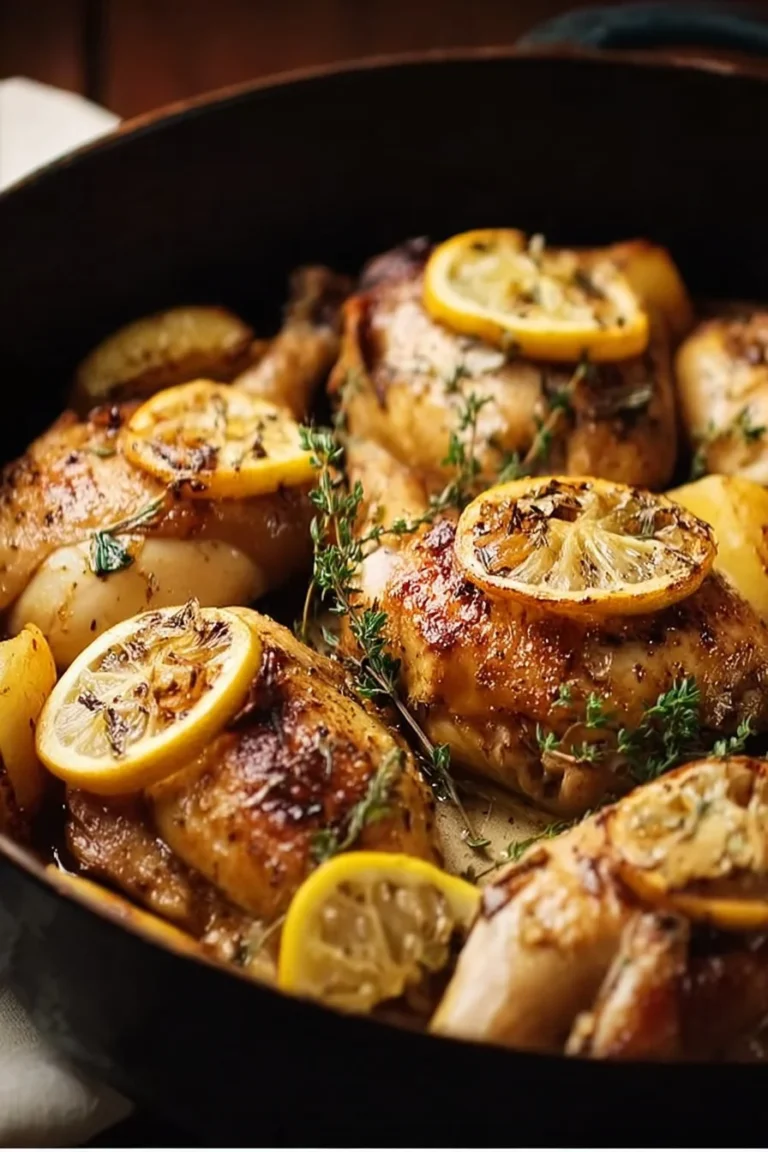 Delicious Garlic Lemon Roast Chicken garnished with herbs and lemon slices.