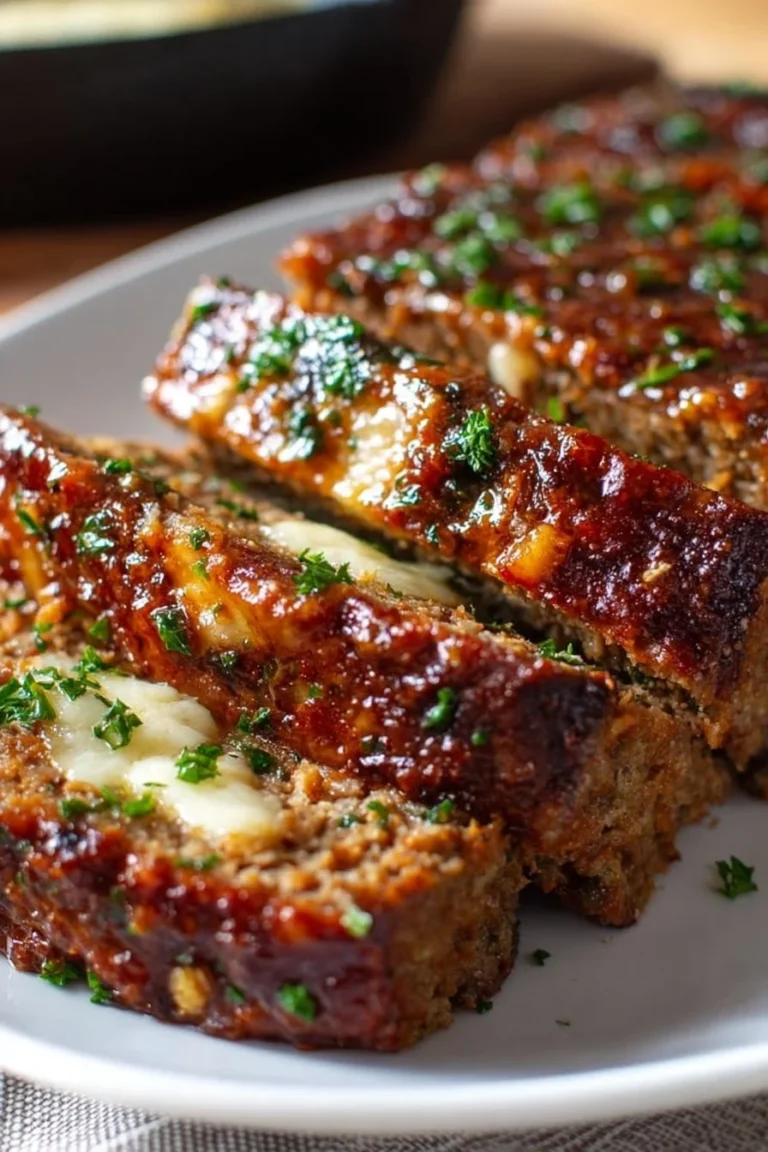 Delicious Garlic Parmesan Meatloaf served on a plate with garnish