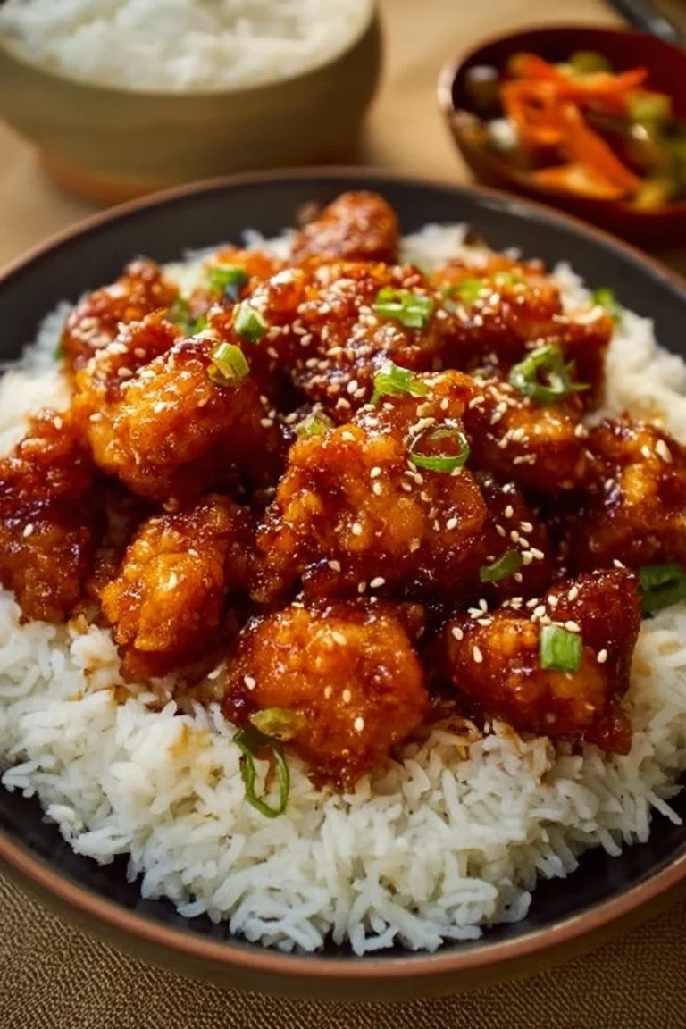Plate of General Tso's Chicken garnished with sesame seeds and green onions