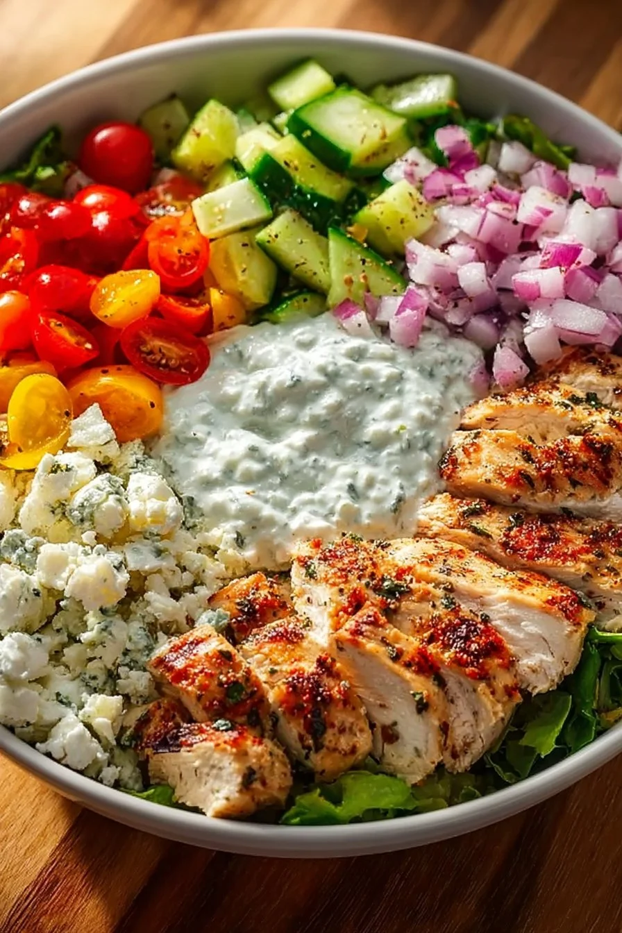 Delicious Greek Chicken Bowl with marinated chicken, fresh vegetables, and sauce