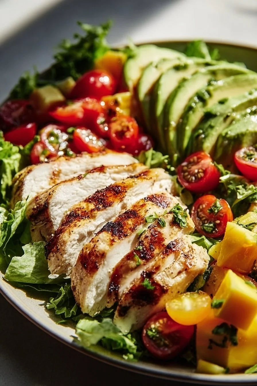Grilled Chicken Cobb Salad topped with fresh vegetables and dressing