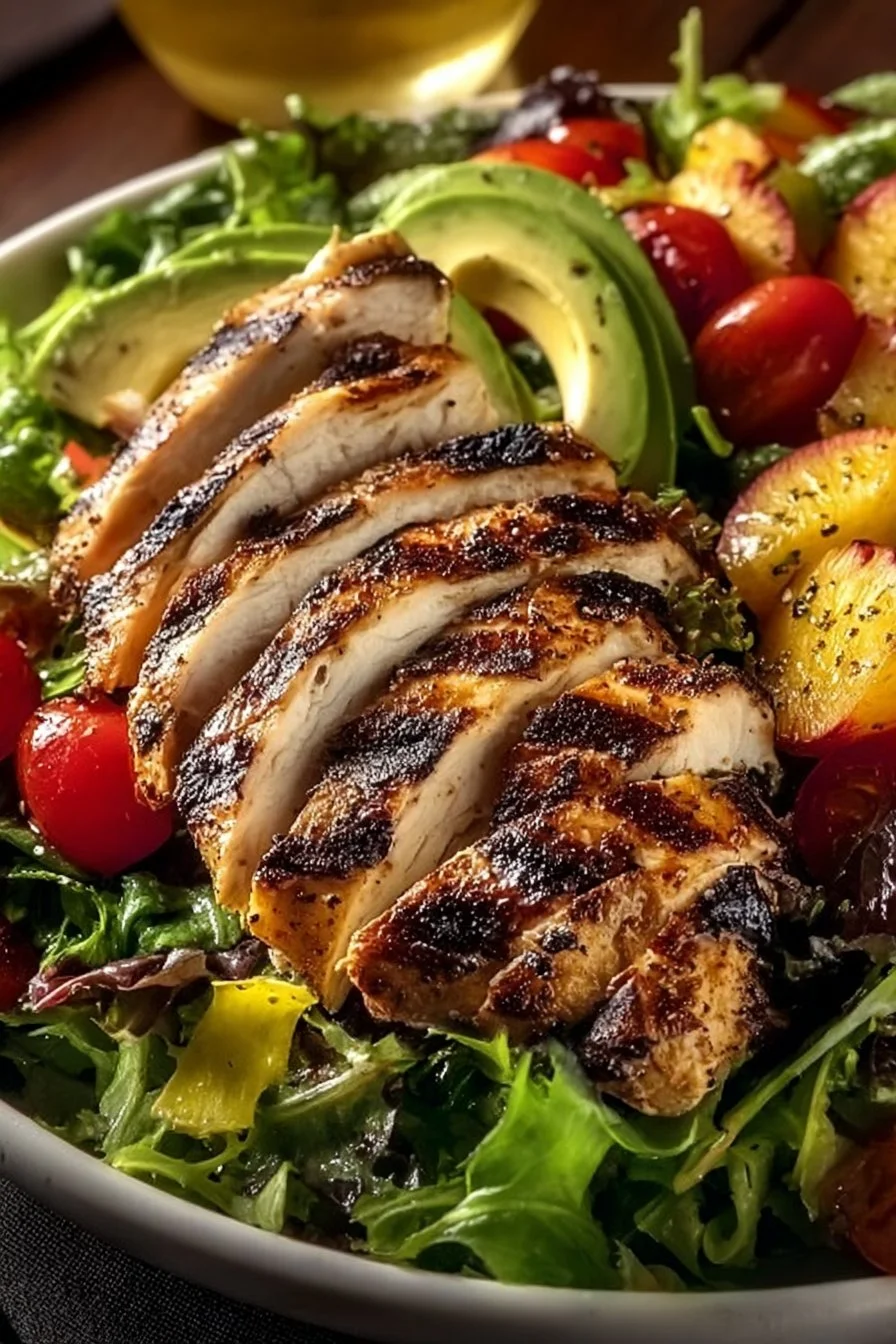Fresh Grilled Chicken Cobb Salad with greens, avocado, bacon, and tomatoes.