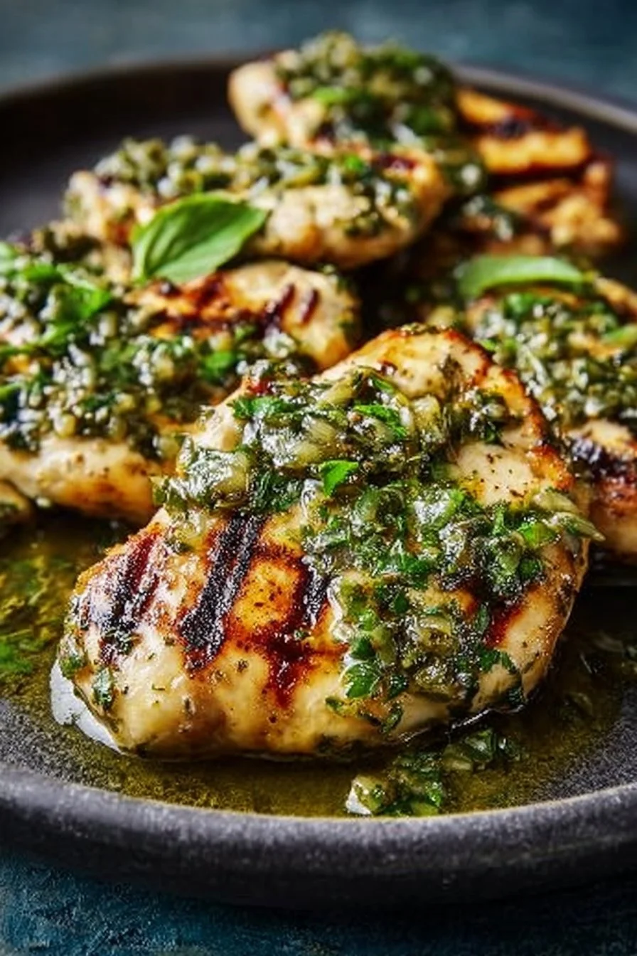 Grilled chicken with salsa verde and pepper jack cheese on a plate