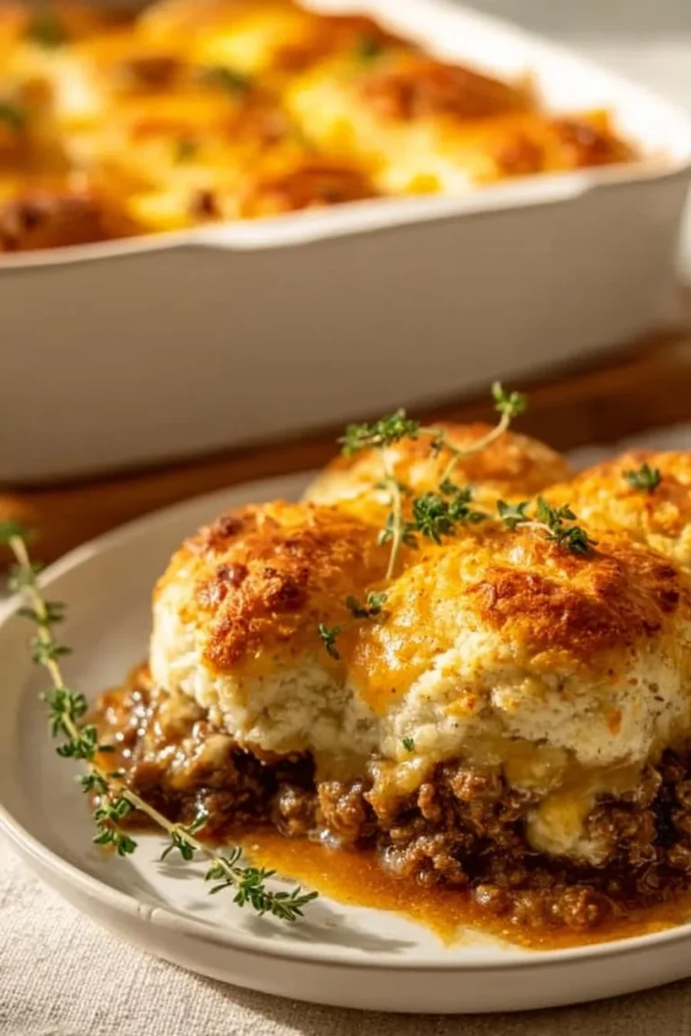 Delicious beef biscuit bake with ground beef and flaky biscuits