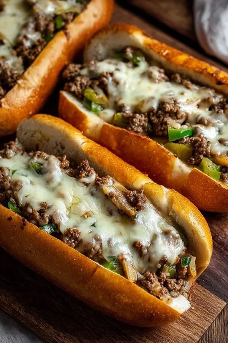 Delicious Ground Beef Philly Cheesesteaks served with melted cheese and peppers