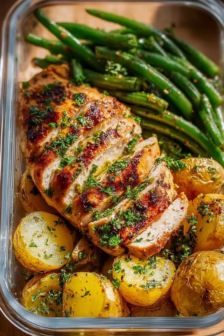 Healthy lemon garlic chicken meal prep bowl with vegetables and rice