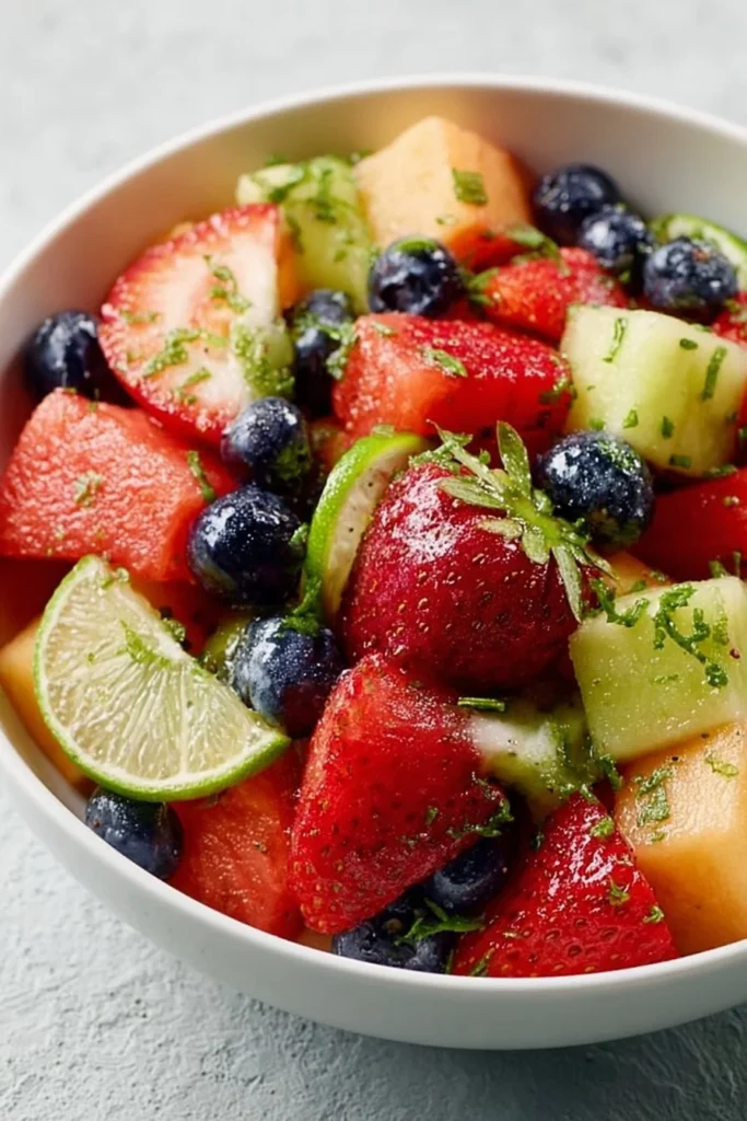 Colorful honey lime fruit salad with fresh fruits drizzled in honey and lime juice