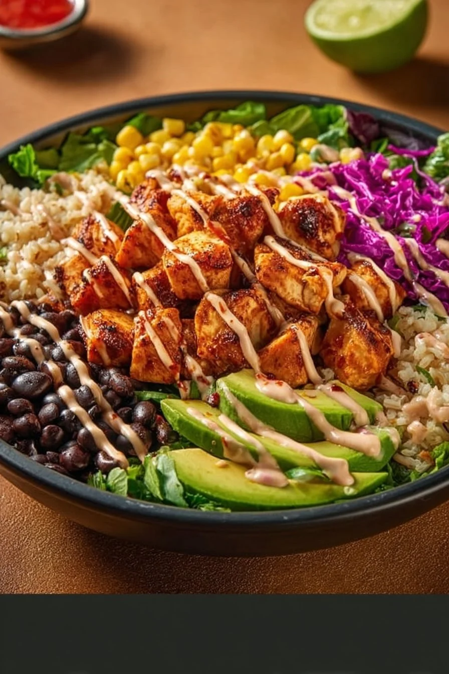 Hot Honey Chicken Power Bowl with colorful vegetables and grains