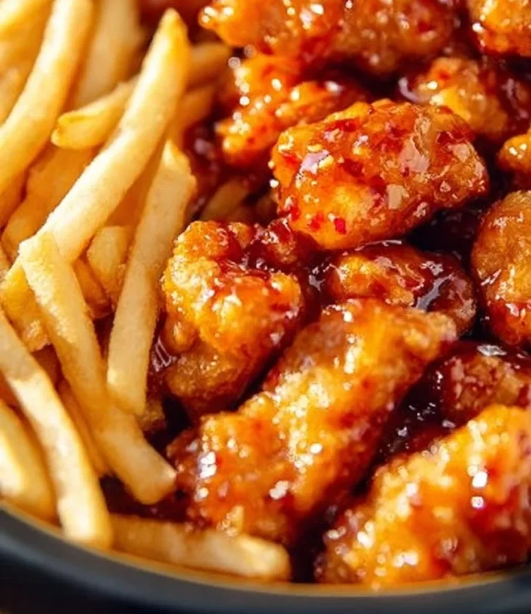 Delicious plate of hot orange chicken garnished with sesame seeds and green onions