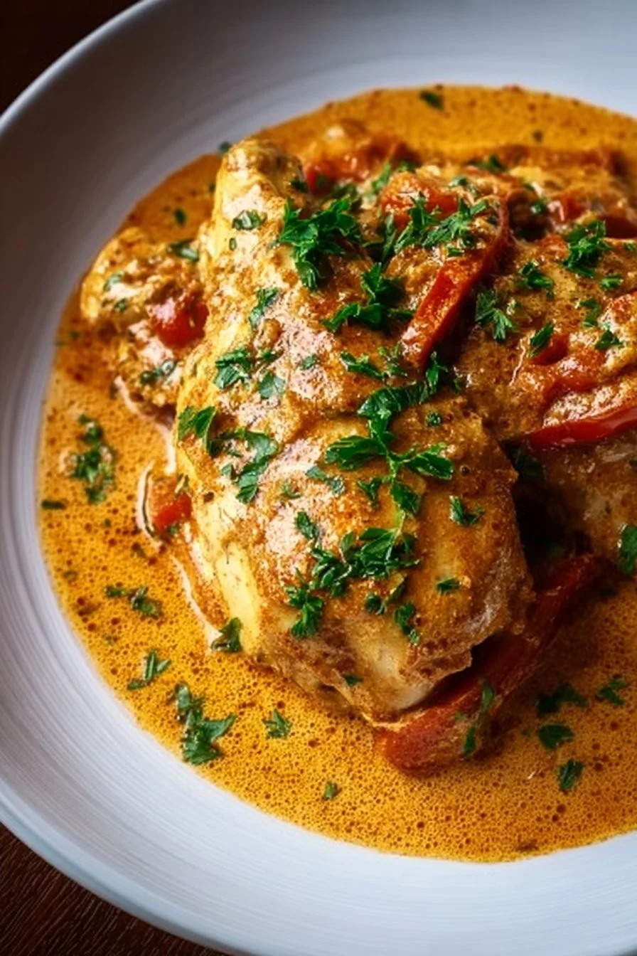 Delicious Hungarian Chicken Paprikash served with sour cream and dumplings