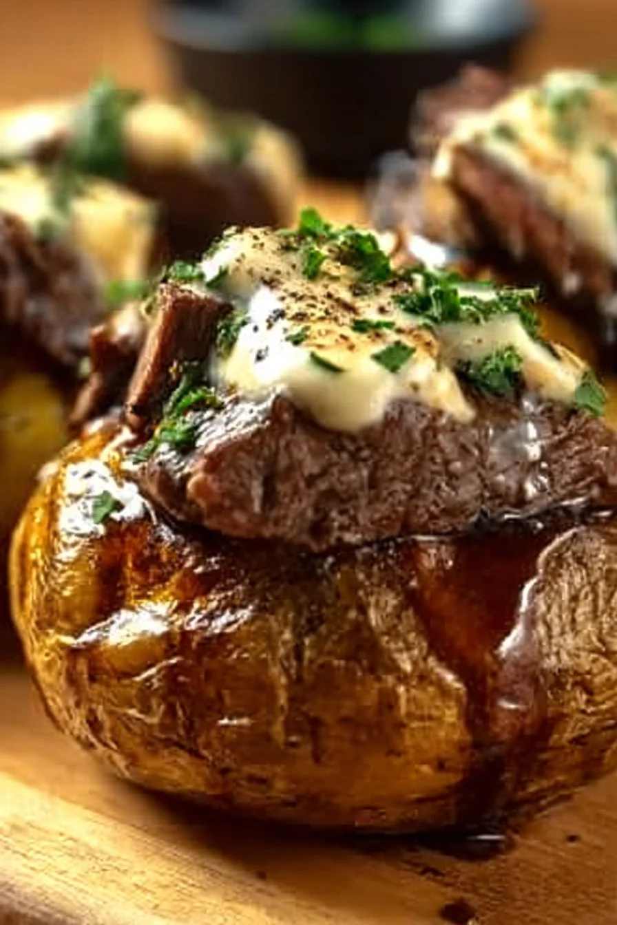 Loaded steak potatoes drizzled with savory cream sauce for a delightful meal.