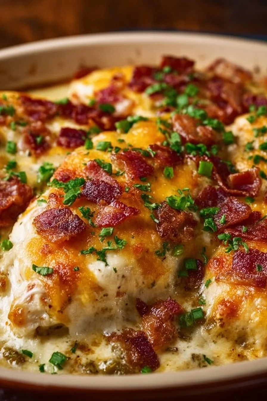 Jalapeño Popper Chicken Bake topped with melted cheese and jalapeños.