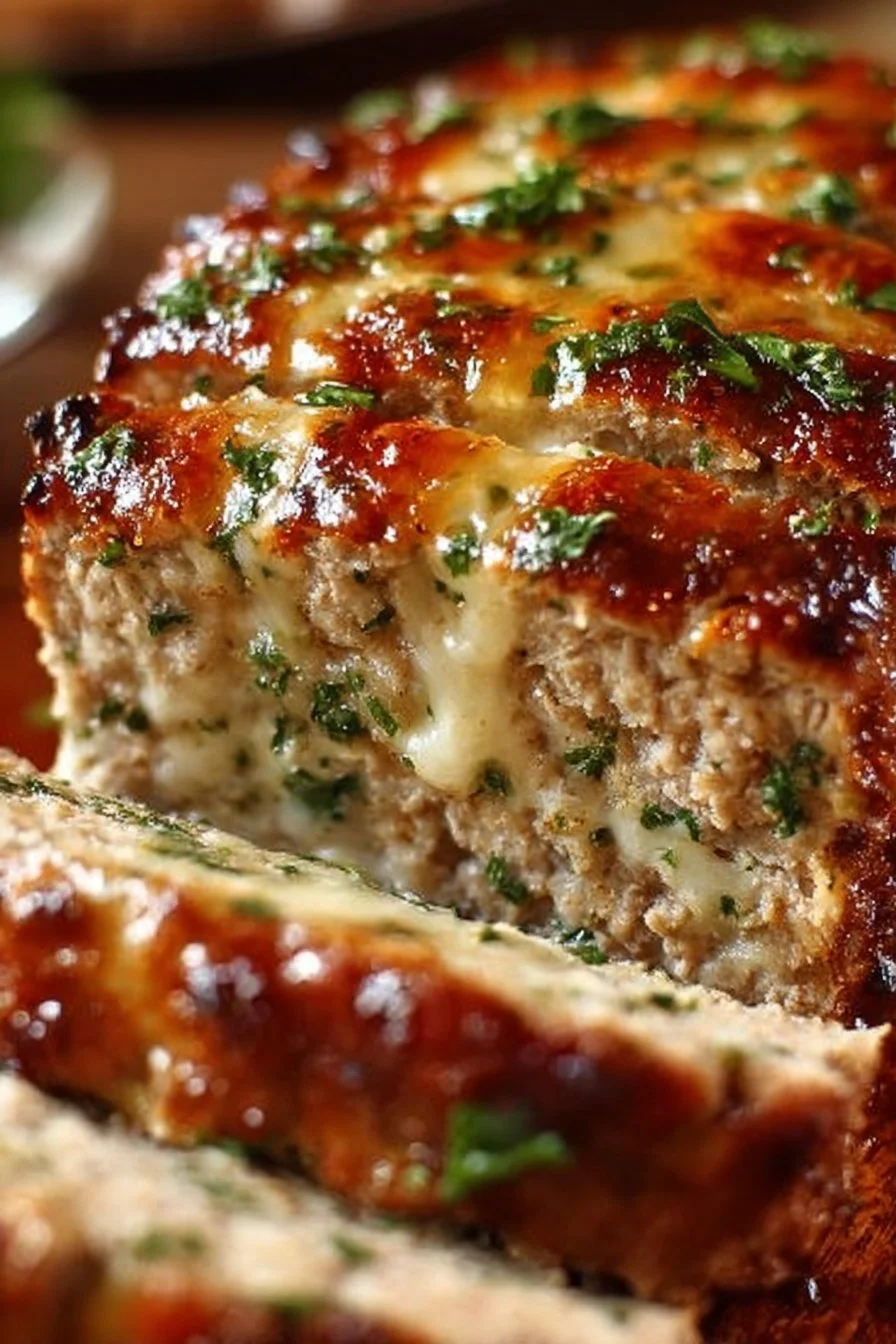 Juicy garlic parmesan chicken meatloaf served with parsley garnish
