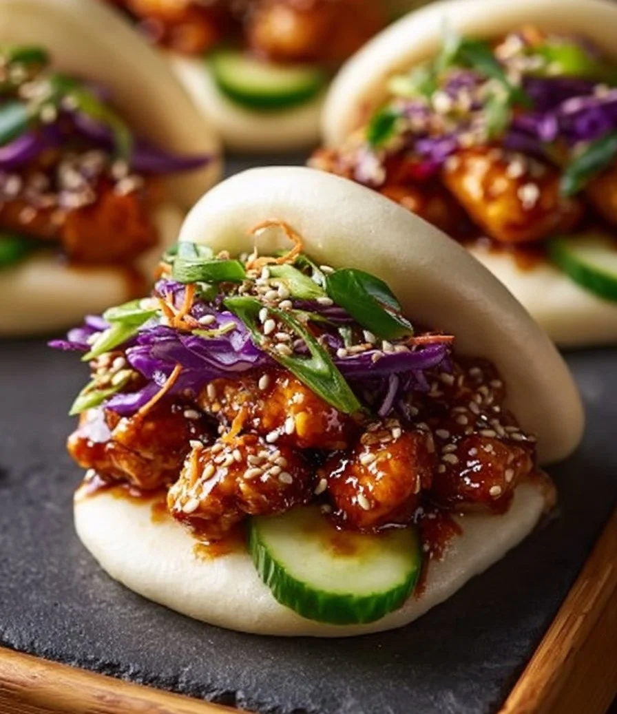 Korean Chicken Bao Buns with vibrant fillings served on a wooden plate.