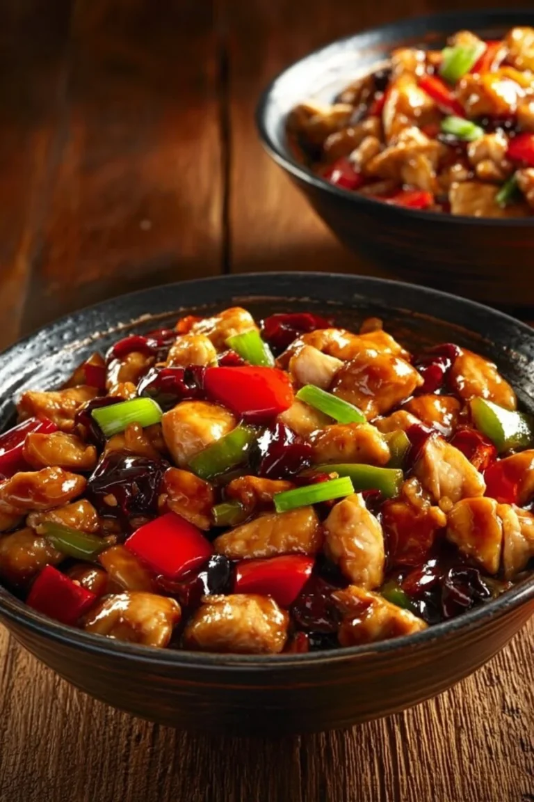 Delicious plate of Kung Pao Chicken with colorful vegetables and peanuts
