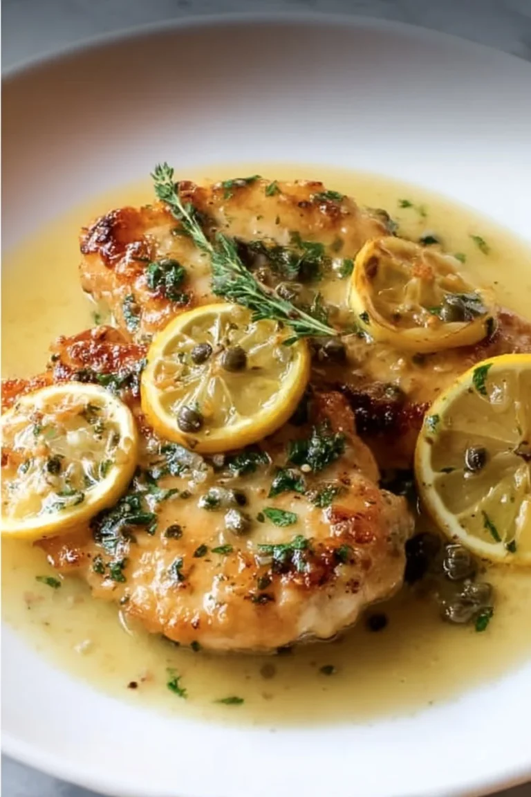 Delicious Lemon Chicken Piccata served with pasta and garnished with parsley