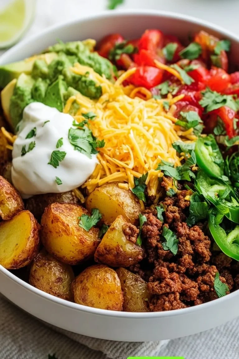 Delicious Loaded Potato Taco Bowl with fresh toppings and creamy sauce