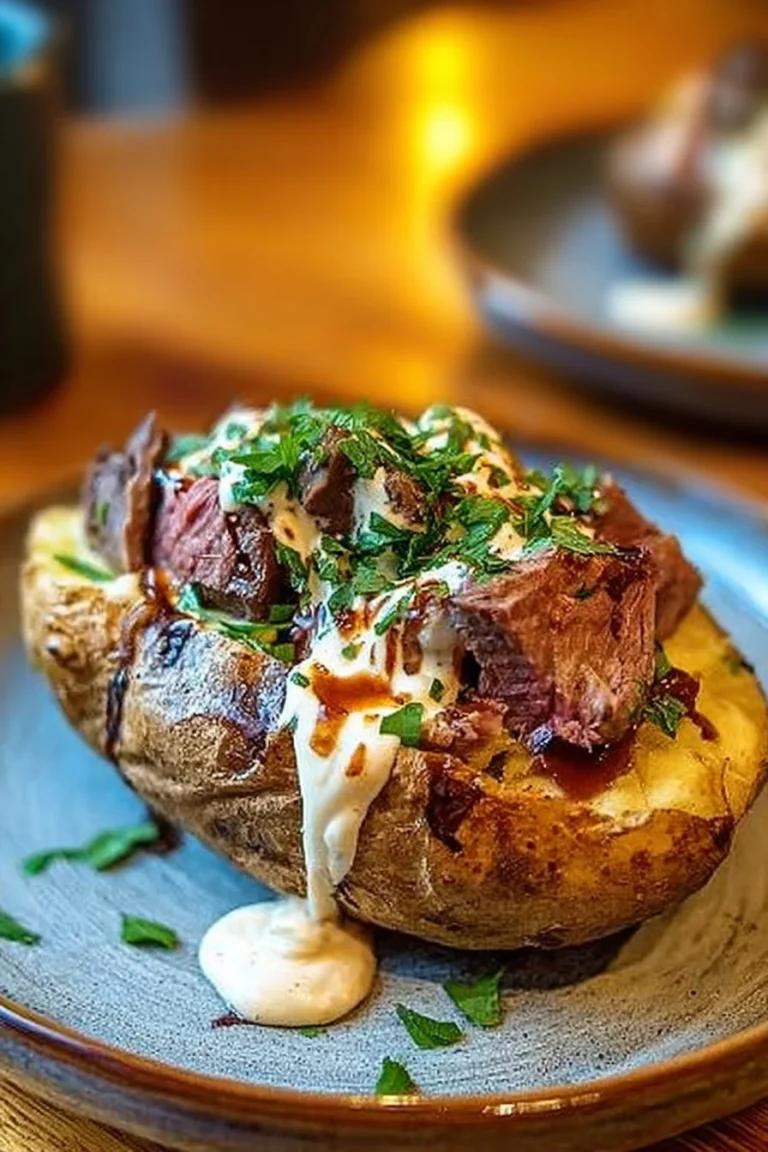 Loaded steak potato topped with cheese, sour cream, and chives on a rustic plate.