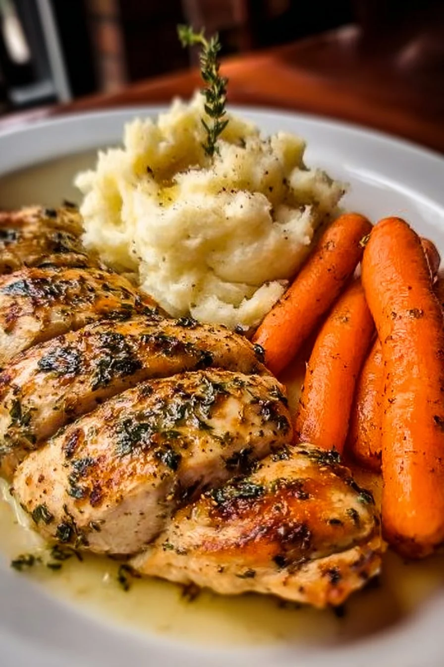 Plate of Garlic Herb Chicken with mashed potatoes and glazed carrots