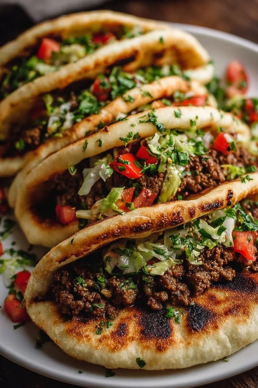 Mediterranean ground beef pita pockets filled with fresh ingredients