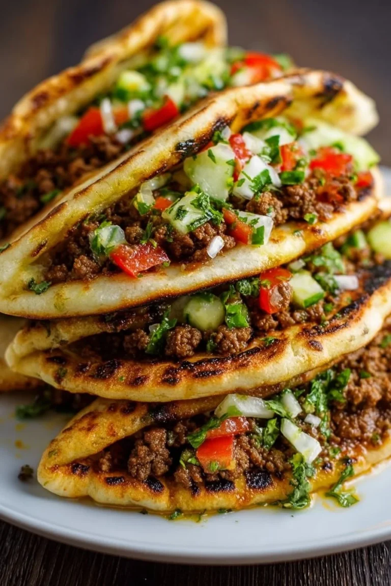 Delicious Mediterranean Ground Beef Pita pockets filled with fresh ingredients.